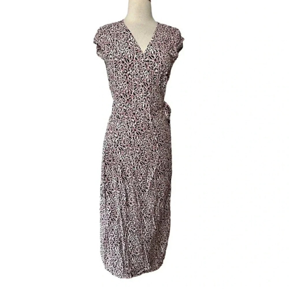 J. Crew Small Tall Leopard Print Wrap Midi Dress Short Sleeve V Neck Tie Waist